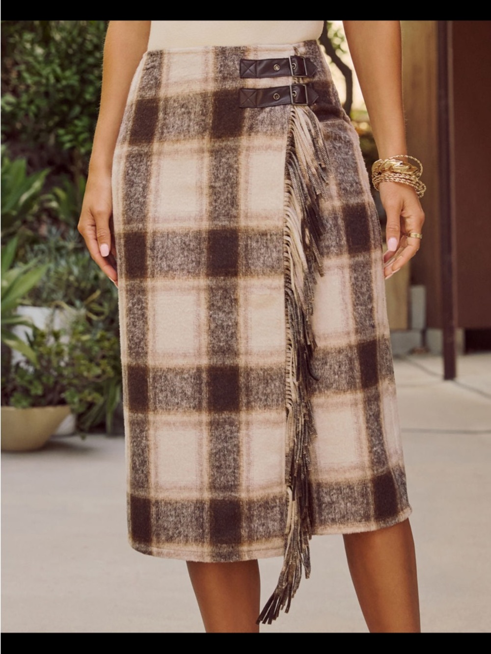 Vici Plaid Fringe Wrap Midi Skirt - Brown Cream